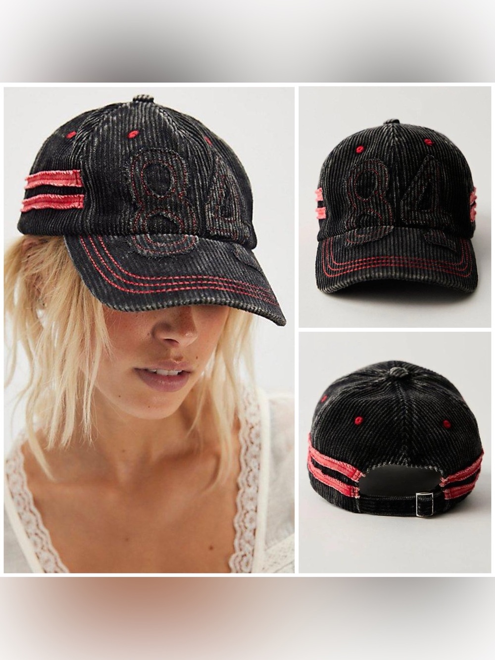 NWT Free People Hollie Varsity Baseball Hat 84 - black red - one size OS